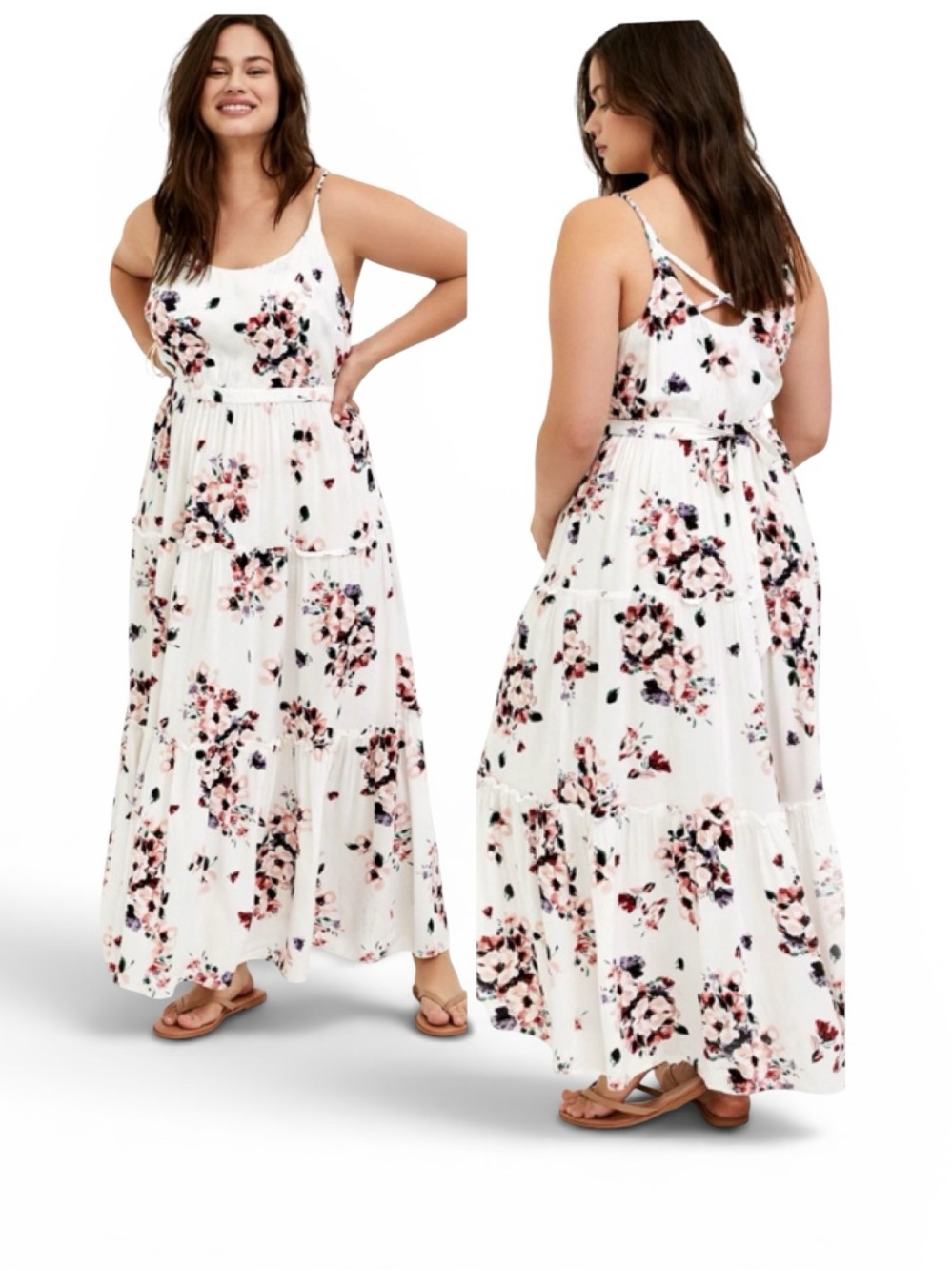 Womens Torrid Maxi Challis Tiered Dress White Floral Size 1X /14-16 boho garden